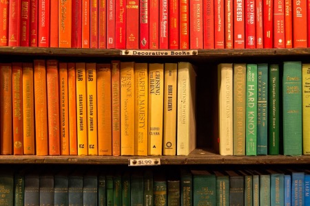 Image of a rainbow-styled bookshelf, showing rows of book spines with red, yellow, and orange colors.