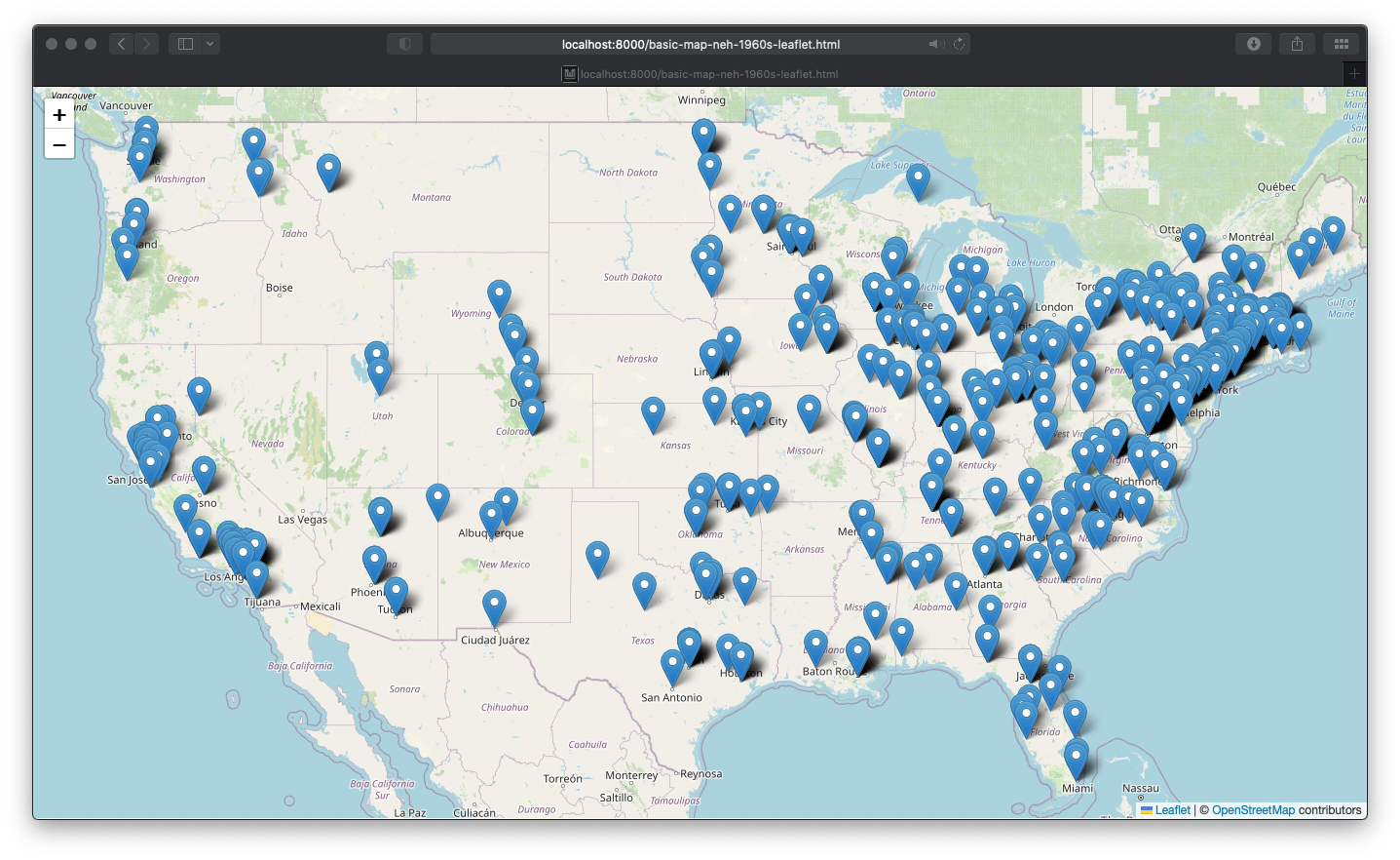 Screenshot image of how the basic map of the 1960s NEH grant data will be displayed by leaflet in an interactive web map